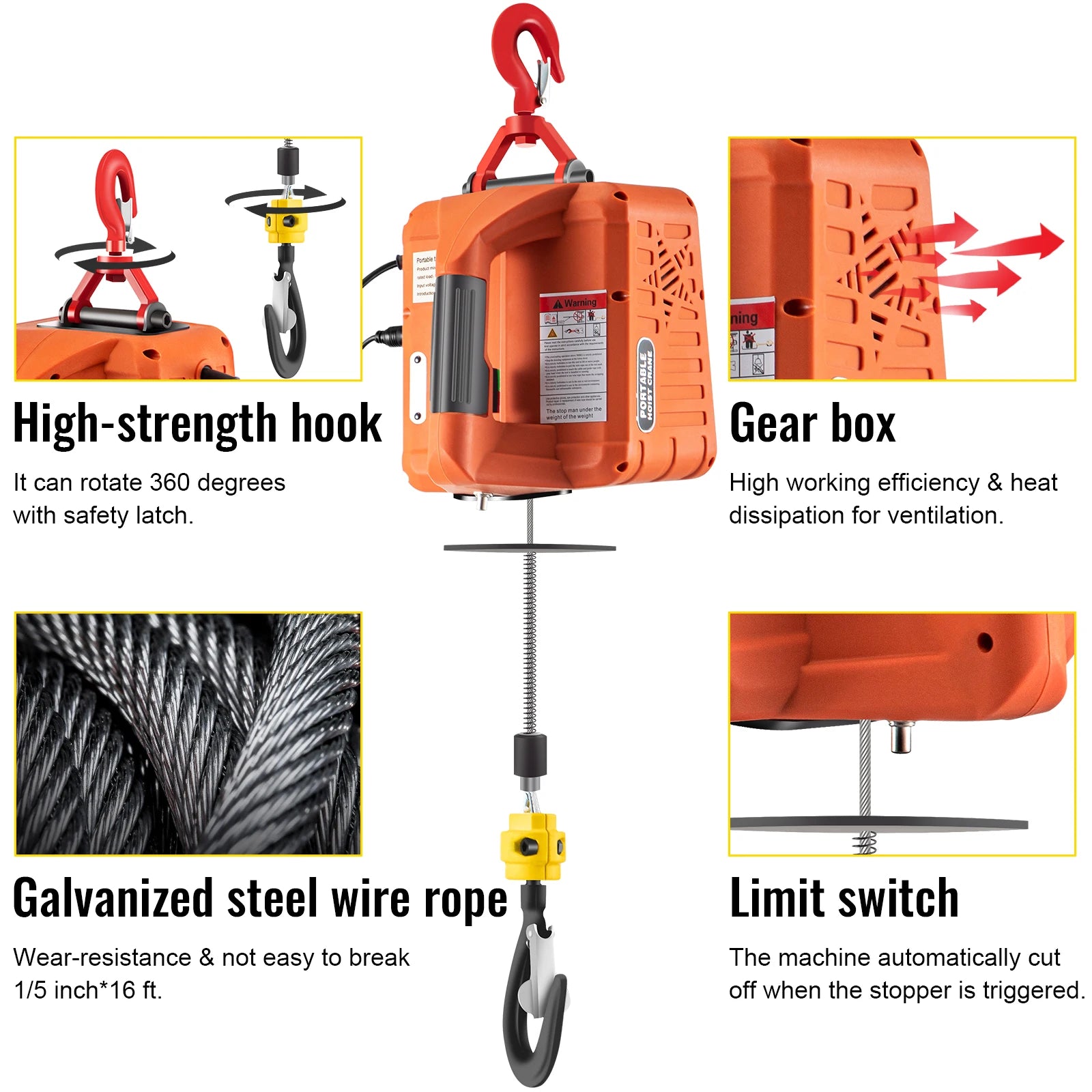 500kg Electric Hoist Winch with Remote Control, 25ft Lift