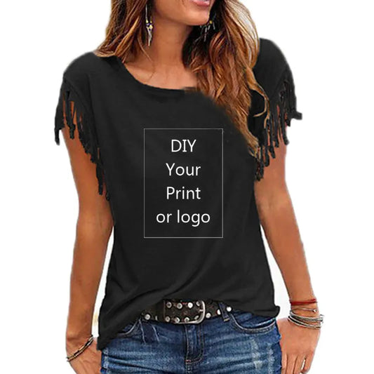 Customized Print T Shirt for Women DIY Your Like Photo or Logo Top Cotton Tassel Short Sleeve O-neck Cotton Tee