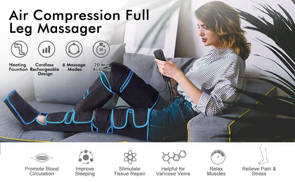 Foot air pressure leg massager promotes blood circulation, body massager, muscle relaxation, lymphatic drainage device 360° 