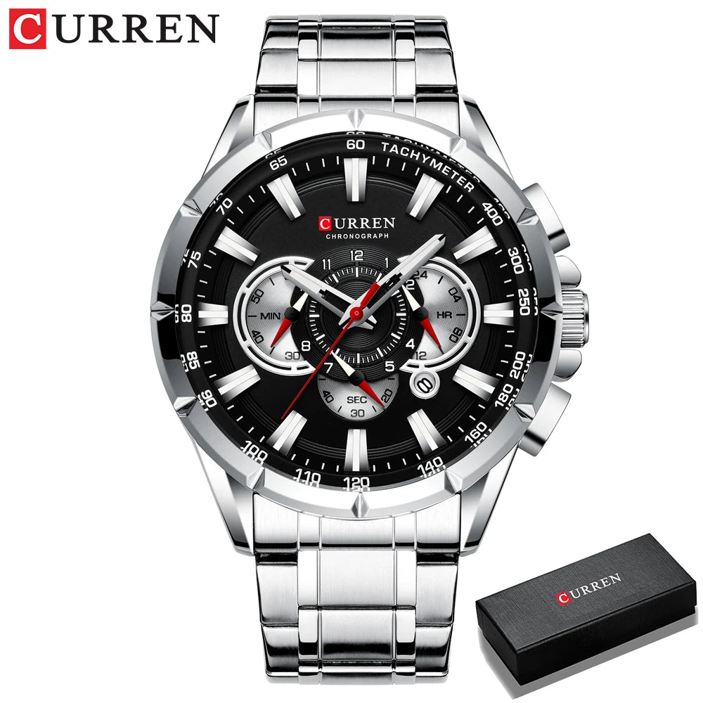CURREN New Casual Sport Chronograph Men's Watches Stainless Steel Band Wristwatch Big Dial Quartz Clock with Luminous Pointers 