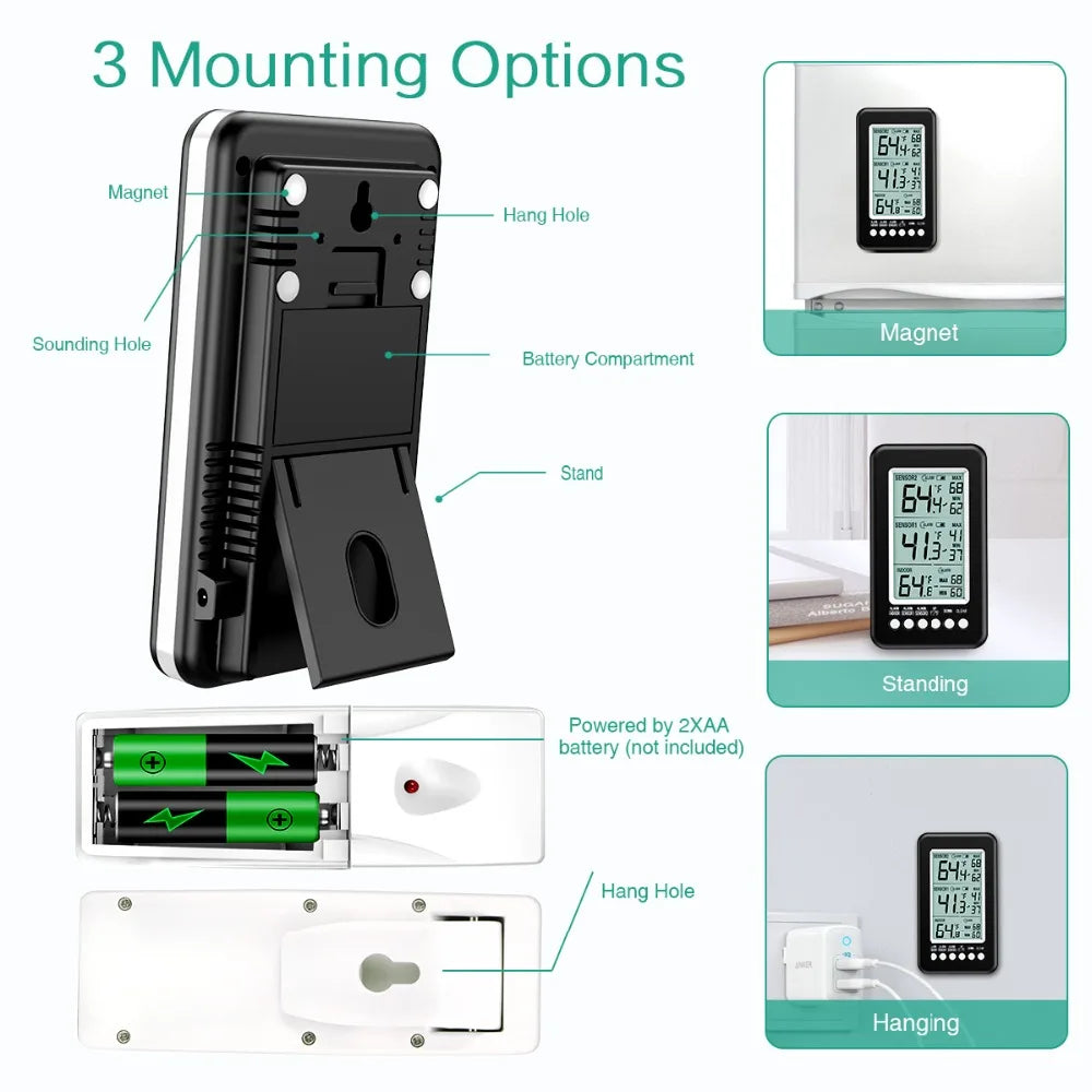 Refrigerator Thermometer with 2 Wireless Sensors and Alarm
