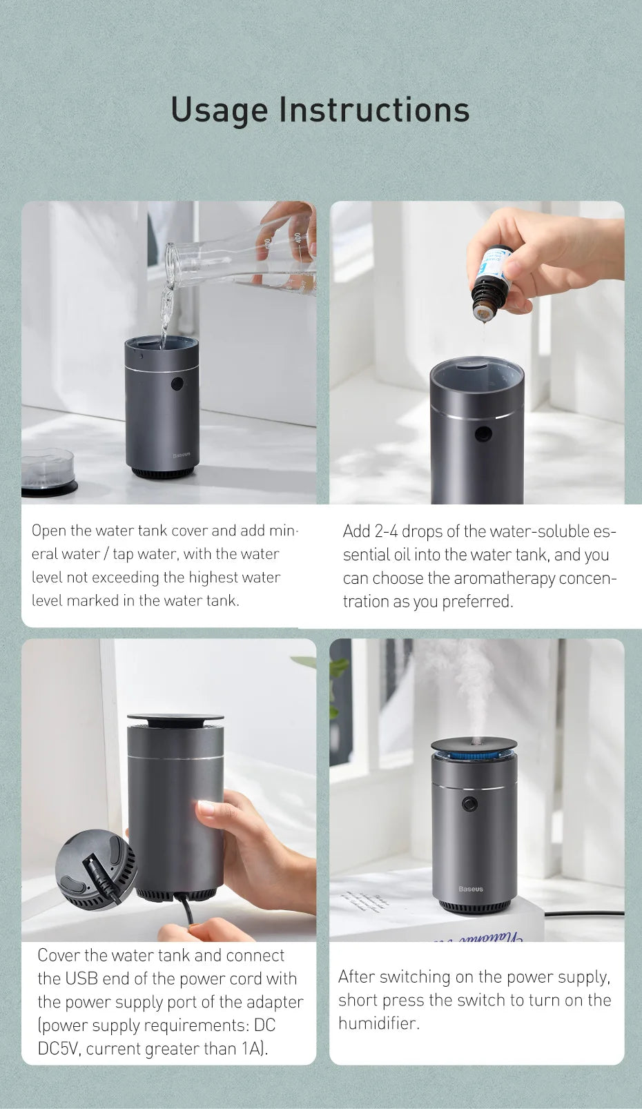 Baseus Car Diffuser Humidifier Auto Air Purifier Aromo Air Freshener with LED Light For Car Aroma Aromatherapy Diffuser 