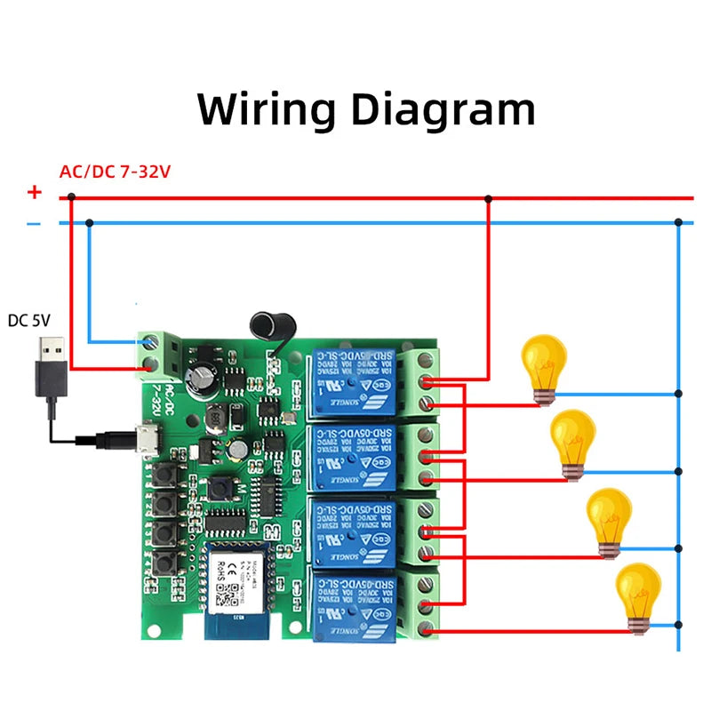 4CH Wifi Smart Home Motor Controller,DC 12V 24V 32V 220V RF433 Remote,4 Channel Relay Switch for Alice Alexa,Tuya Smart Life