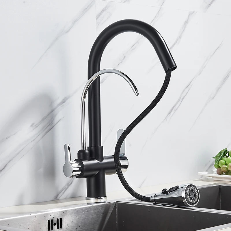 Purification Water Kitchen Faucet Black 360° Rotating Filter Water Faucets Pull Out Sprayer 3 Ways Hot Cold Water Mixer Tap 