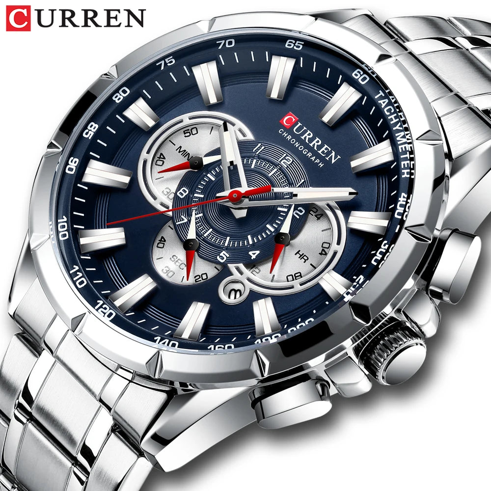 CURREN New Casual Sport Chronograph Men's Watches Stainless Steel Band Wristwatch Big Dial Quartz Clock with Luminous Pointers 