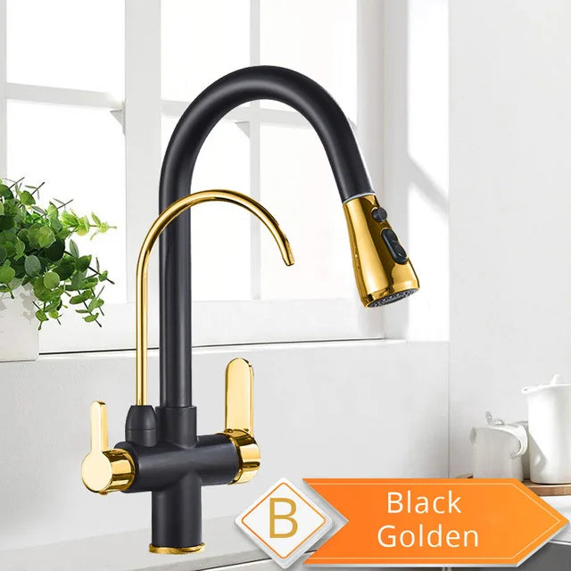 Purification Water Kitchen Faucet Black 360° Rotating Filter Water Faucets Pull Out Sprayer 3 Ways Hot Cold Water Mixer Tap 