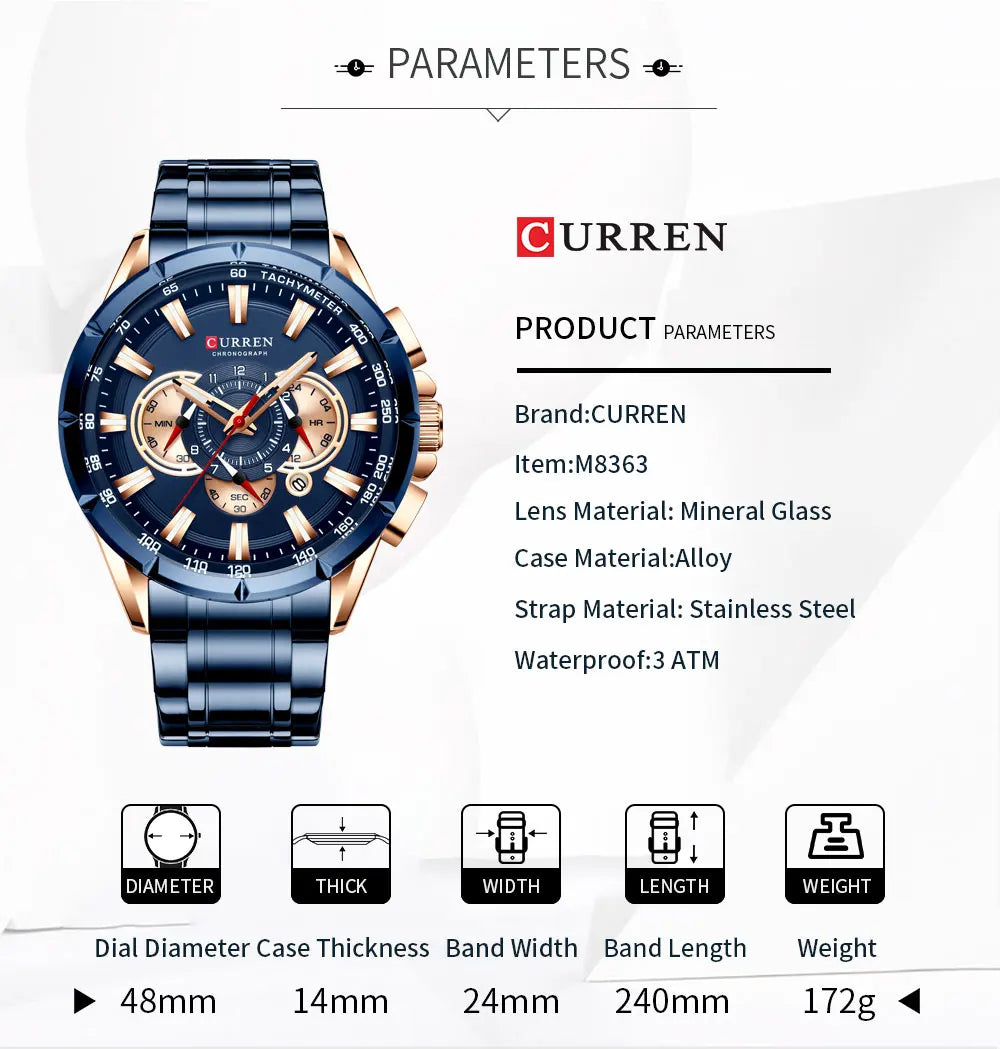 CURREN New Casual Sport Chronograph Men's Watches Stainless Steel Band Wristwatch Big Dial Quartz Clock with Luminous Pointers 