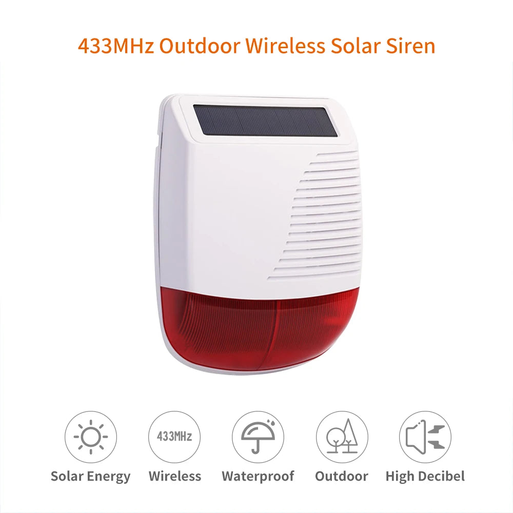 433Mhz High Decibel Outdoor Solar Wireless Siren Loudspeaker Waterproof Strobe For Smart Home Security Burglar Alarm System 