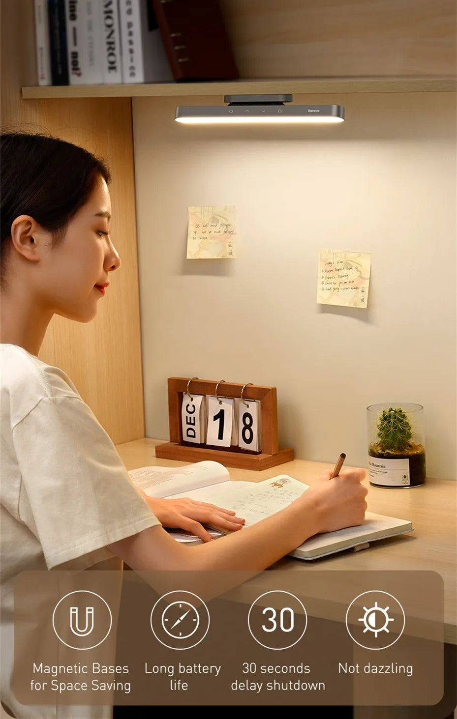 Baseus Night Light Hanging Magnetic LED Table Lamp Stepless Dimming Desk Lamp Rechargeable For Cabinet Bedroom Kitchen Light 