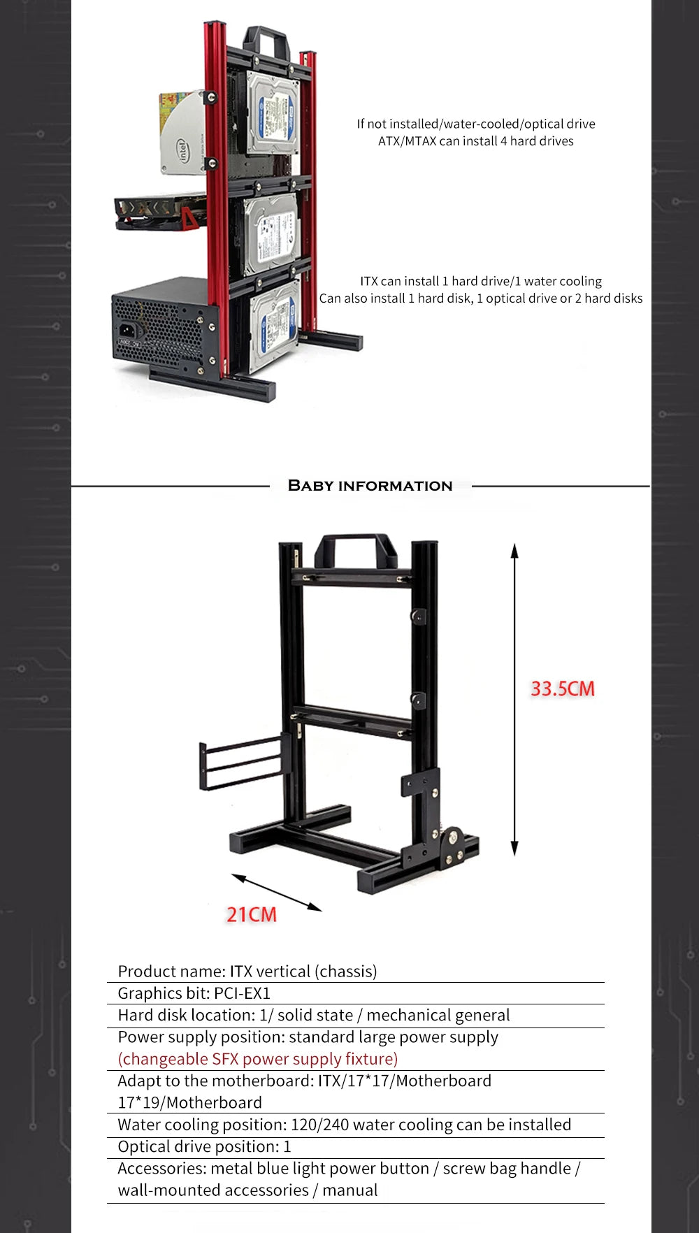Open Frame Aluminum PC Case for ITX/MATX/ATX Builds