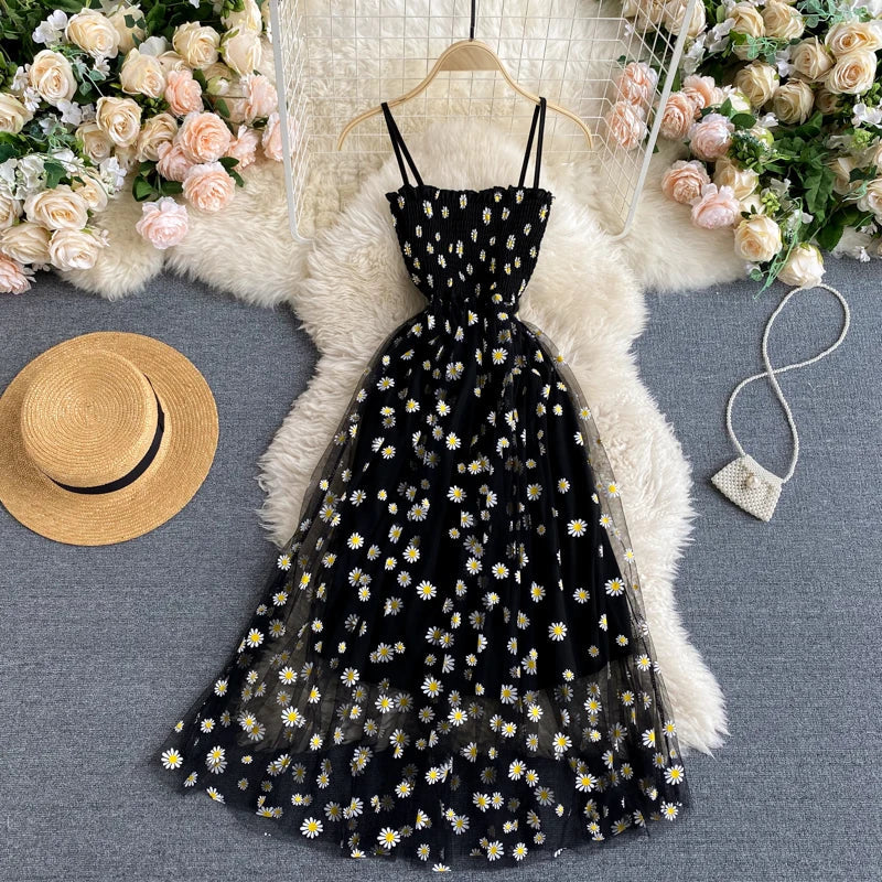 YuooMuoo Korean Fashion Daisy Flower Print Mesh Party Dress Summer Two Layers Spaghetti Strap Vacation Midi Dress Beach Vestidos 