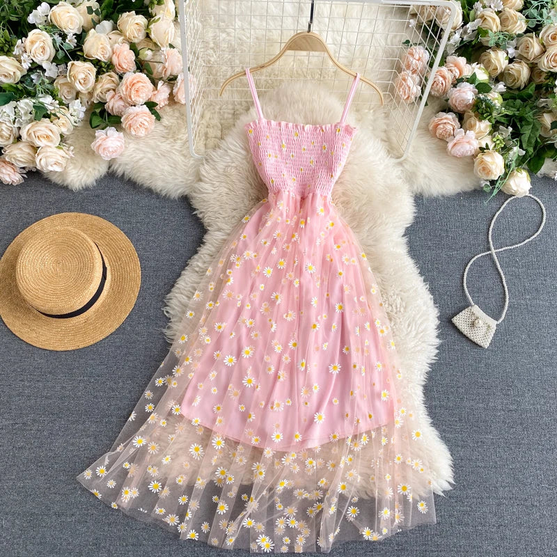 YuooMuoo Korean Fashion Daisy Flower Print Mesh Party Dress Summer Two Layers Spaghetti Strap Vacation Midi Dress Beach Vestidos 