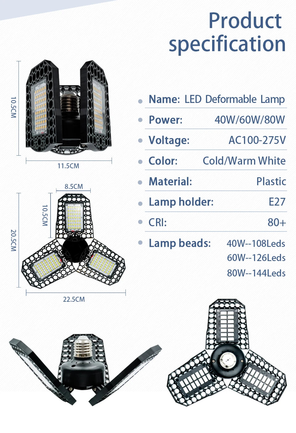 E27 LED Garage Light with 3 Adjustable Panels