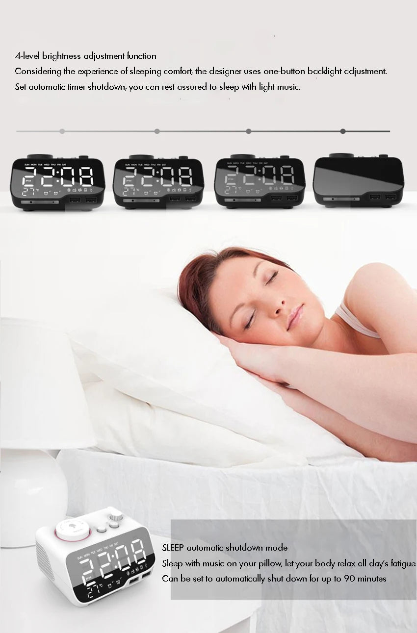 LED Alarm Clock Bluetooth Speaker with FM Radio & USB Charging
