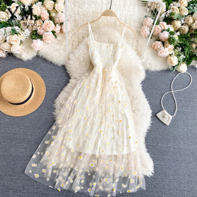YuooMuoo Korean Fashion Daisy Flower Print Mesh Party Dress Summer Two Layers Spaghetti Strap Vacation Midi Dress Beach Vestidos 