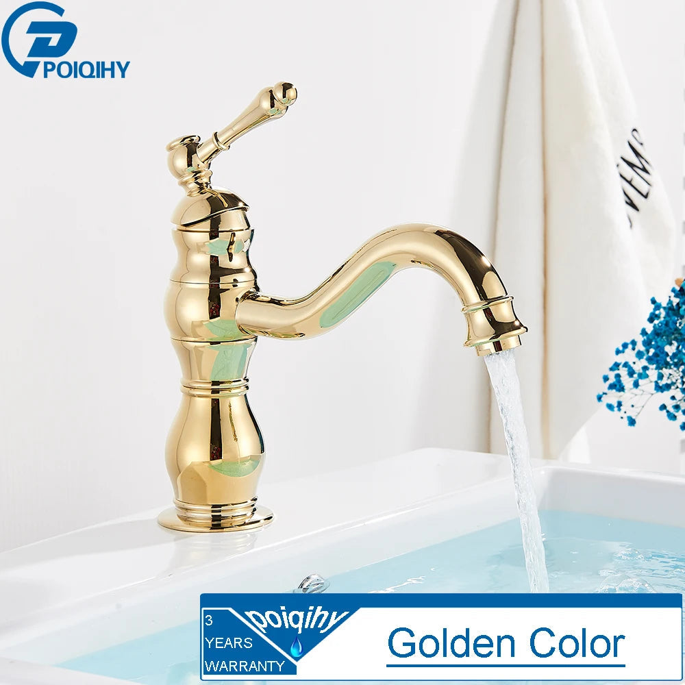 POIQIHY Antique Brass Basin Vessel Sink Faucet Deck Mounted One Hole Cold Hot Water Cold Hot Mixer Tap Bathroom Faucet  1 Hole 