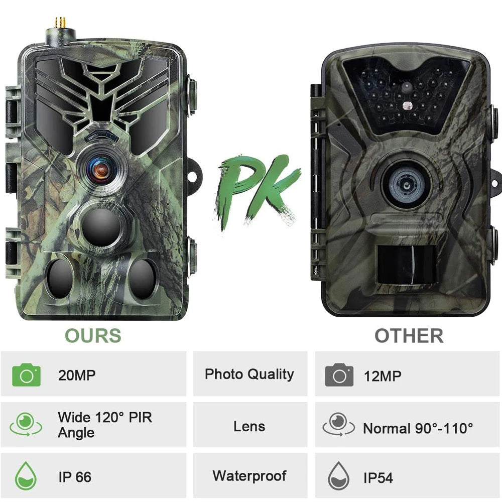 2G SMS MMS SMTP Trail Cameras 20MP 1080P Wireless Hunting Wildlife Camera 120 Detecting Range Motion Night Vision Waterproof 