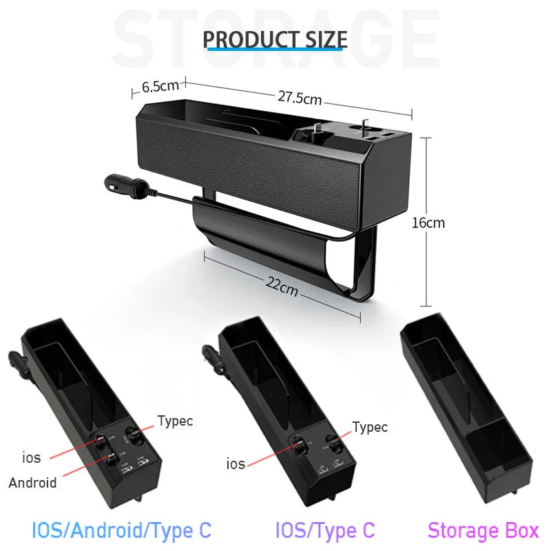 SEAMETAL Car Seat Gap Storage Box with Charge Cable Multifunctional Car Organizer Dual USB Port Phone Charger for iPhone/Android