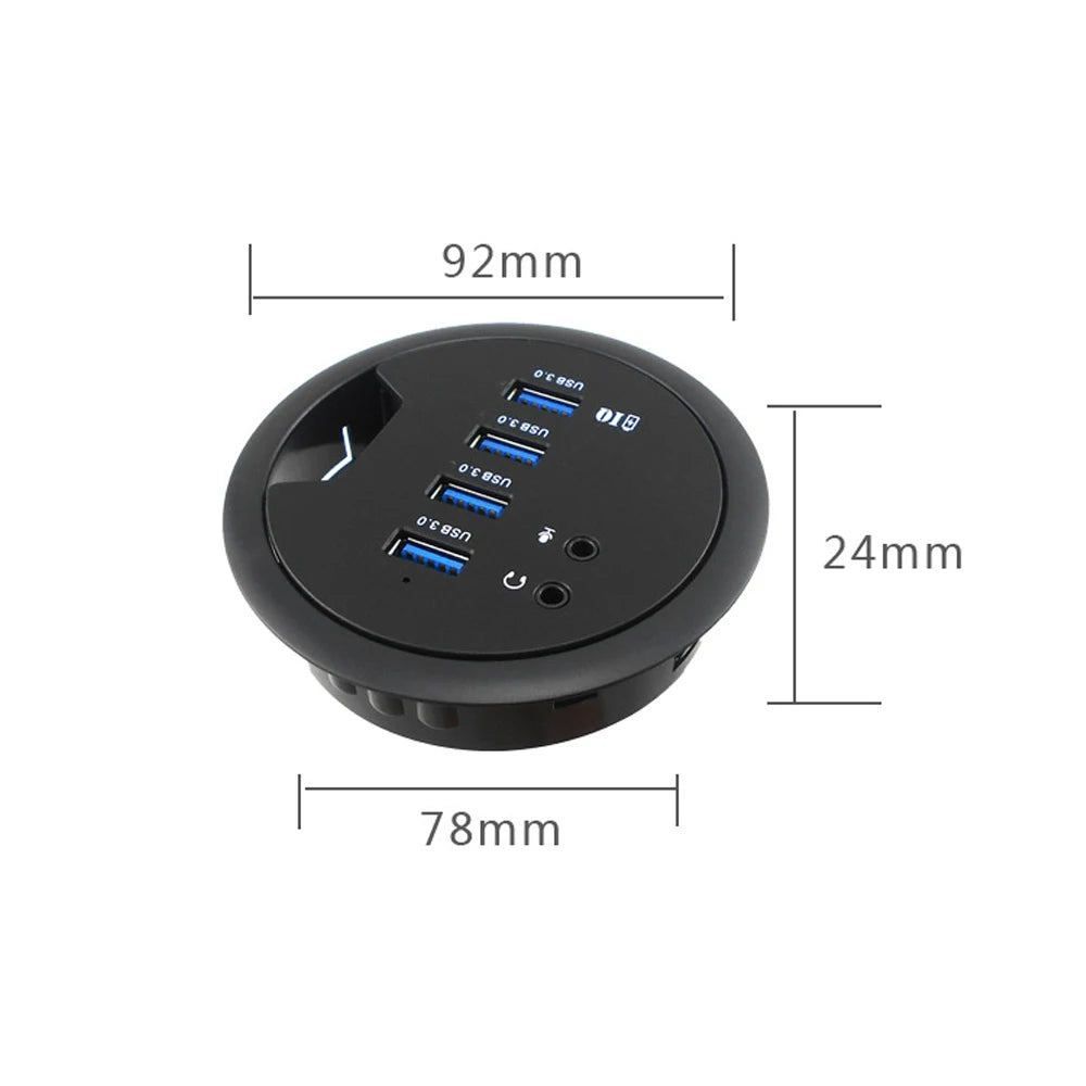 Rozbočovač USB 3.0 zabudovaný v stole s audio portmi a napájacím adaptérom