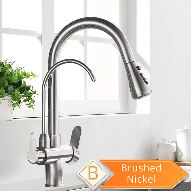 Purification Water Kitchen Faucet Black 360° Rotating Filter Water Faucets Pull Out Sprayer 3 Ways Hot Cold Water Mixer Tap 