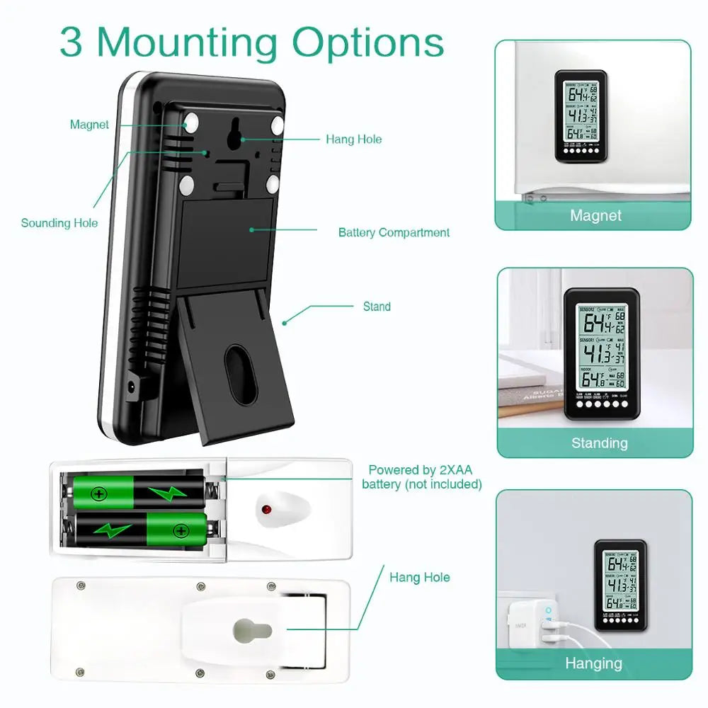 Refrigerator Thermometer with 2 Wireless Sensors and Alarm