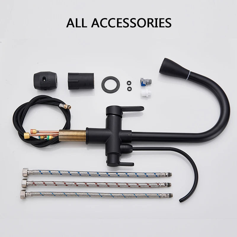 Purification Water Kitchen Faucet Black 360° Rotating Filter Water Faucets Pull Out Sprayer 3 Ways Hot Cold Water Mixer Tap 