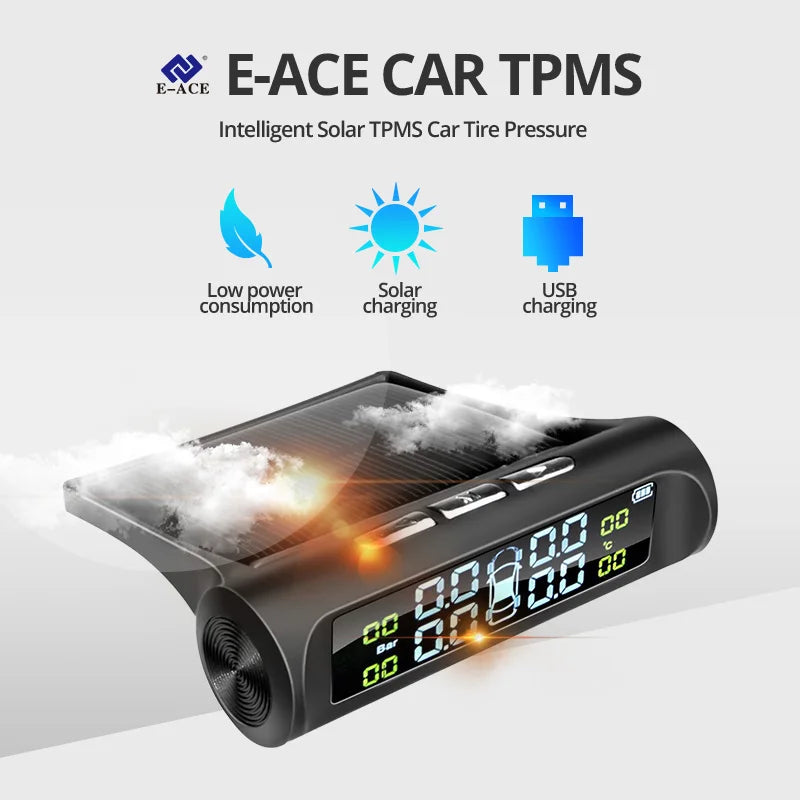 E-ACE Solar Power TPMS Car Tire Pressure Alarm Monitor System Auto Security Alarm Systems Tyre Pressure Temperature Warning 