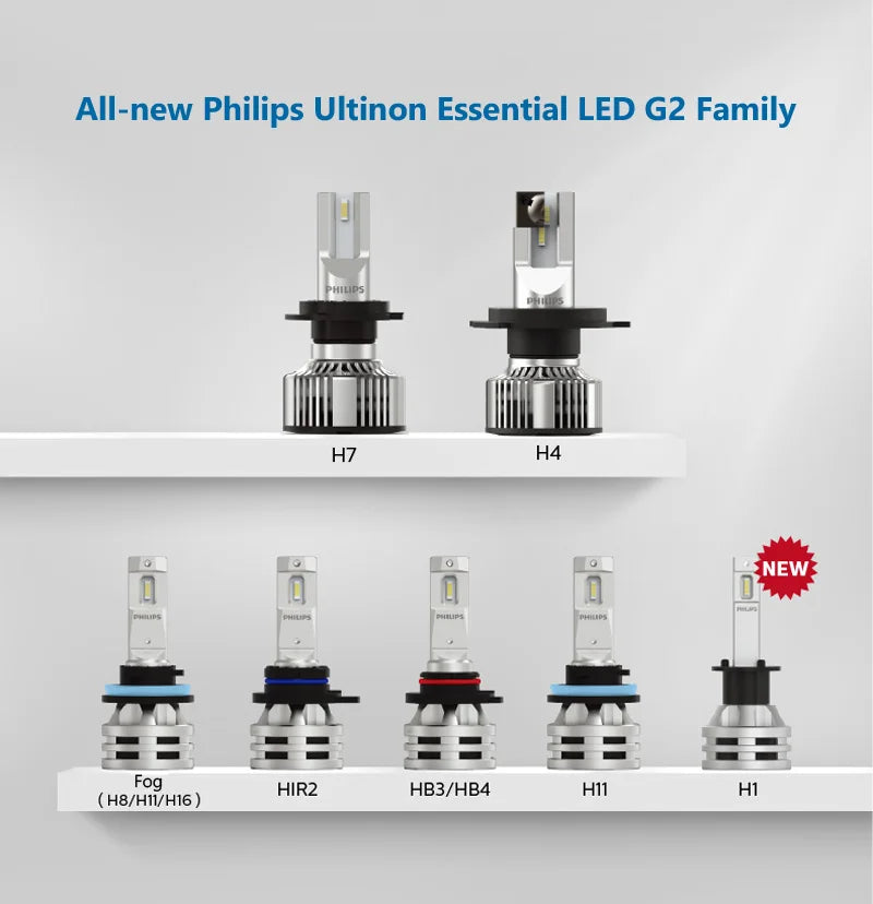 Philips Ultinon Essential G2 LED H1 H4 H7 H8 H11 H16 HB3 HB4 H1R2 9003 9005 9006 9012 6500K Auto Scheinwerfer Nebel-Lampe (2er Pack)
