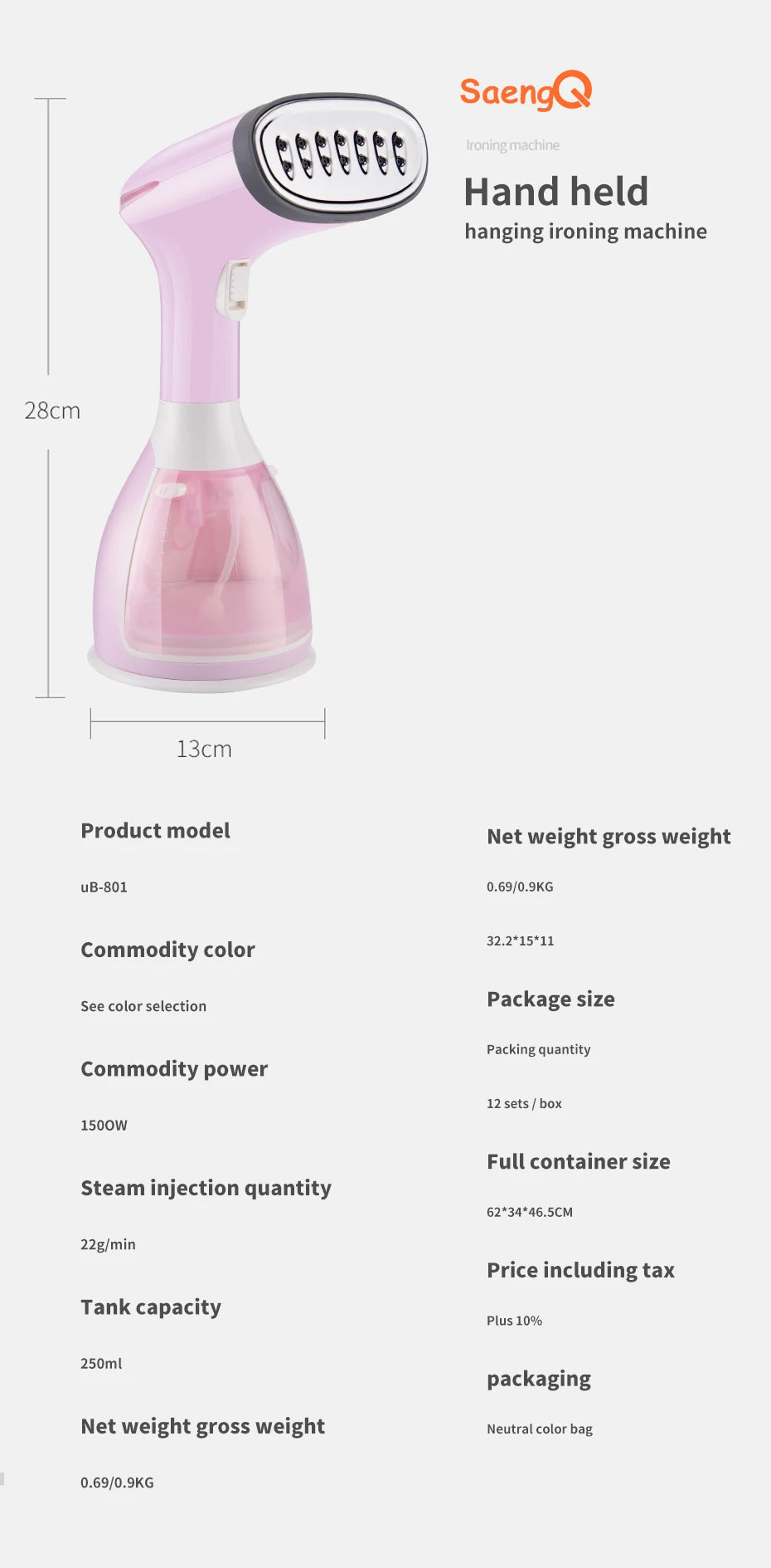 saengQ Handheld Garment Steamer 1500W Electric Household Fabric Steam Iron 280ml Portable Vertical Fast-Heat For Clothes Ironing 