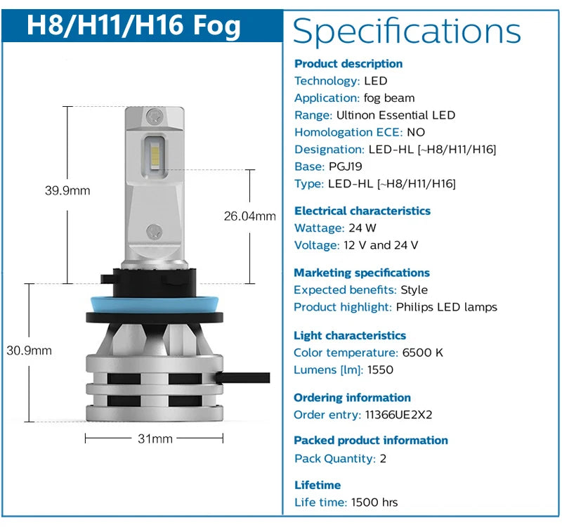 Philips Ultinon Essential G2 LED H1 H4 H7 H8 H11 H16 HB3 HB4 H1R2 9003 9005 9006 9012 6500K Auto Scheinwerfer Nebel-Lampe (2er Pack)