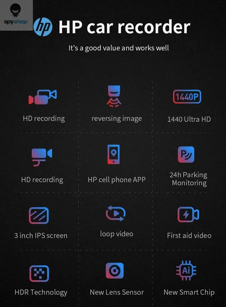 HP car camera dash cam camera 2k HD night vision WiFi DVR video loop video parking monitoring car dashcam auto Spy-shop.com