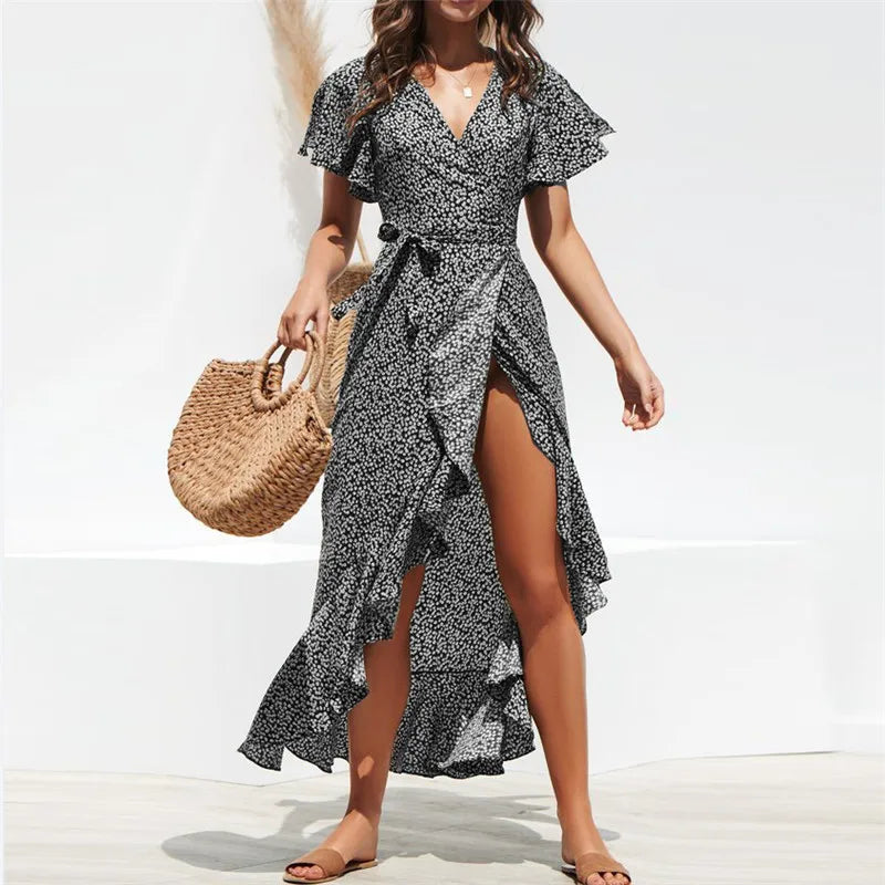 Summer Beach Maxi Dress Women Floral Print Boho Long Chiffon Dress Ruffles Wrap Casual V-Neck Split Sexy Party Dress Robe Femme 