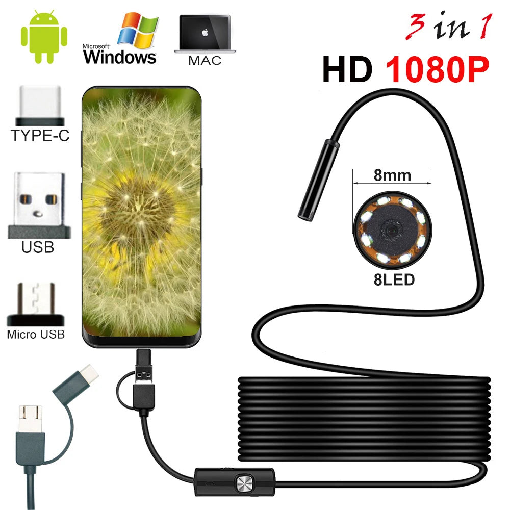 8mm USB Endoscope Camera 1080P Waterproof Borescope