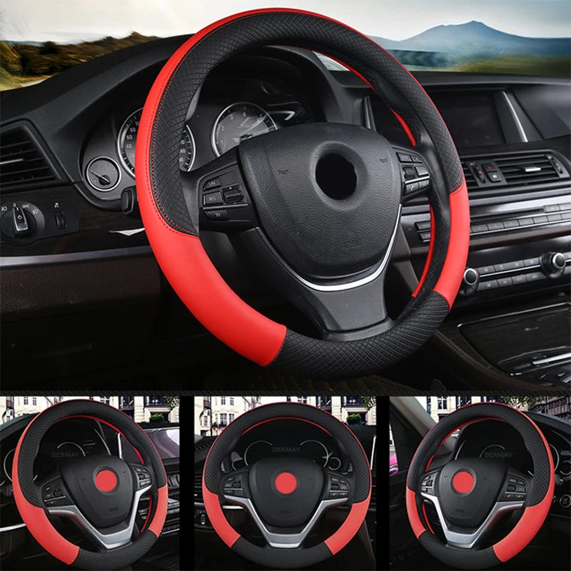SEAMETAL 38cm Steering Wheel Cover PU Leather Anti Slip Steer Wheel Protector Breathable Fiber Braid Universal Steering Cover