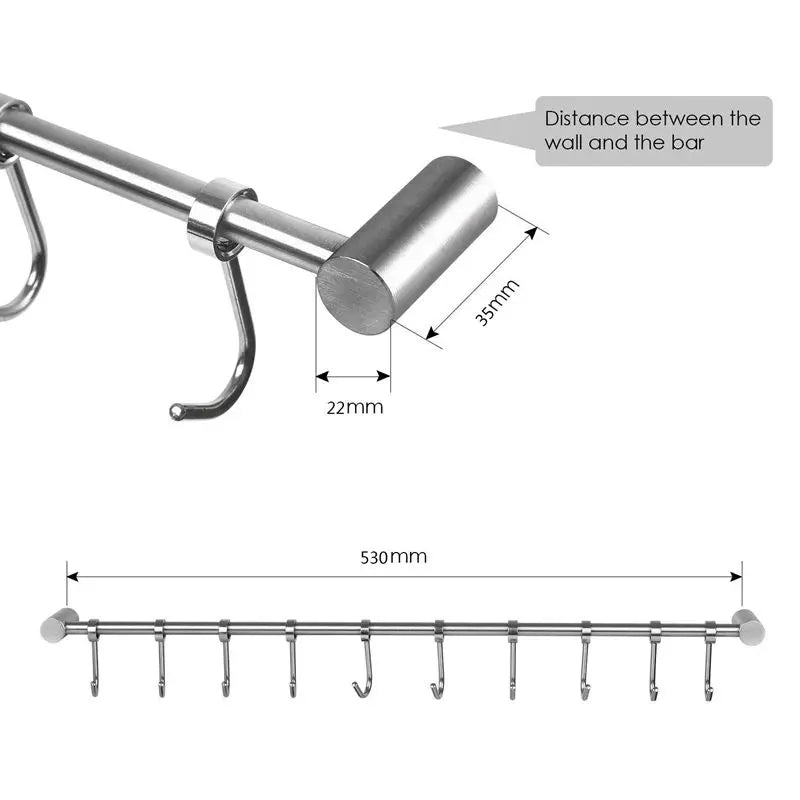 Wall-Mounted Stainless Steel Kitchen Rail Rack with 7 Hooks