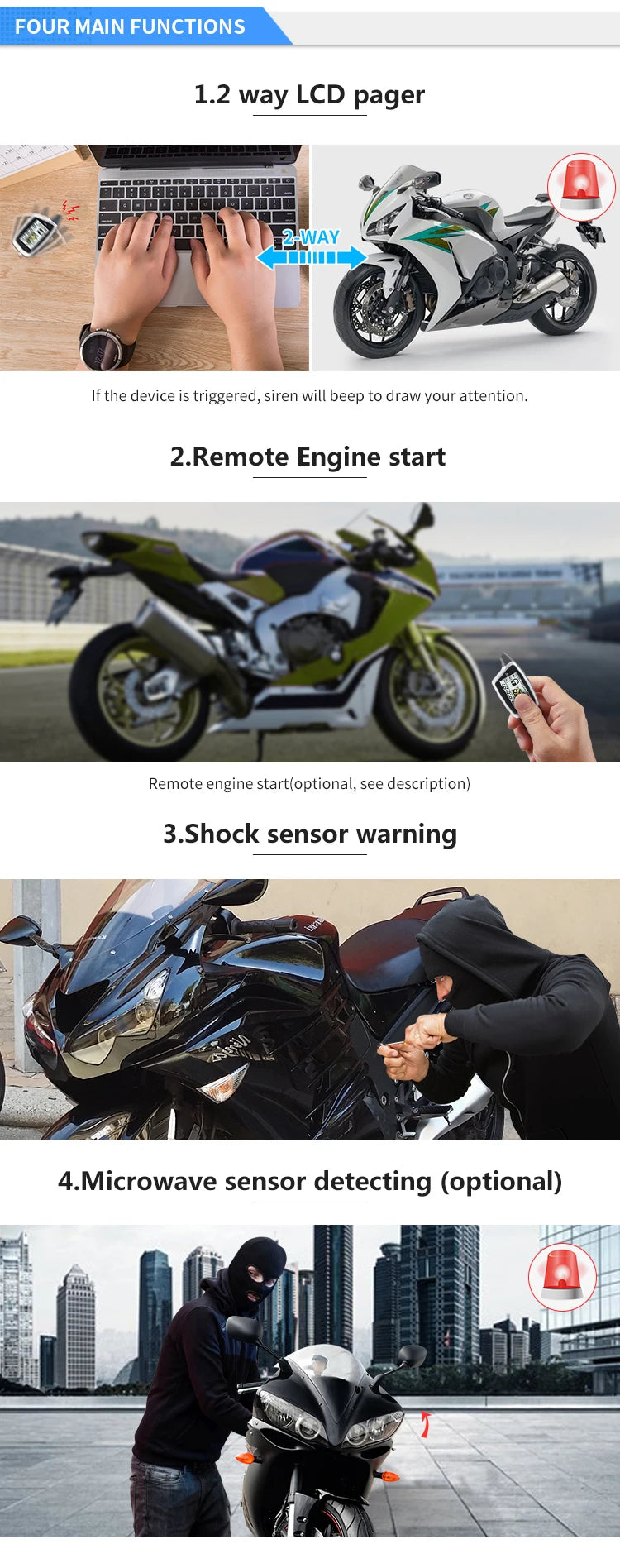 2-Way Motorcycle Alarm System with LCD Pager & Remote Start
