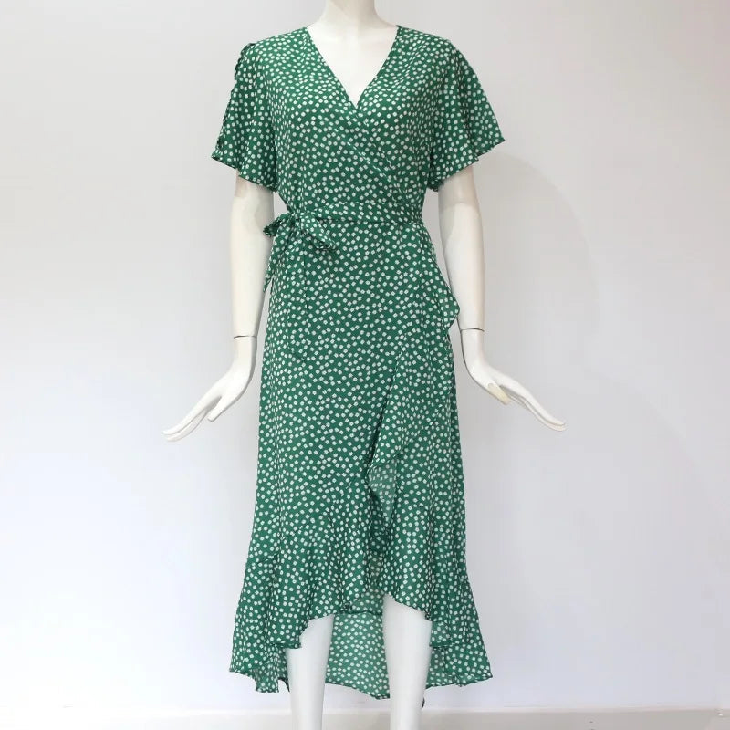 Summer Beach Maxi Dress Women Floral Print Boho Long Chiffon Dress Ruffles Wrap Casual V-Neck Split Sexy Party Dress Robe Femme 