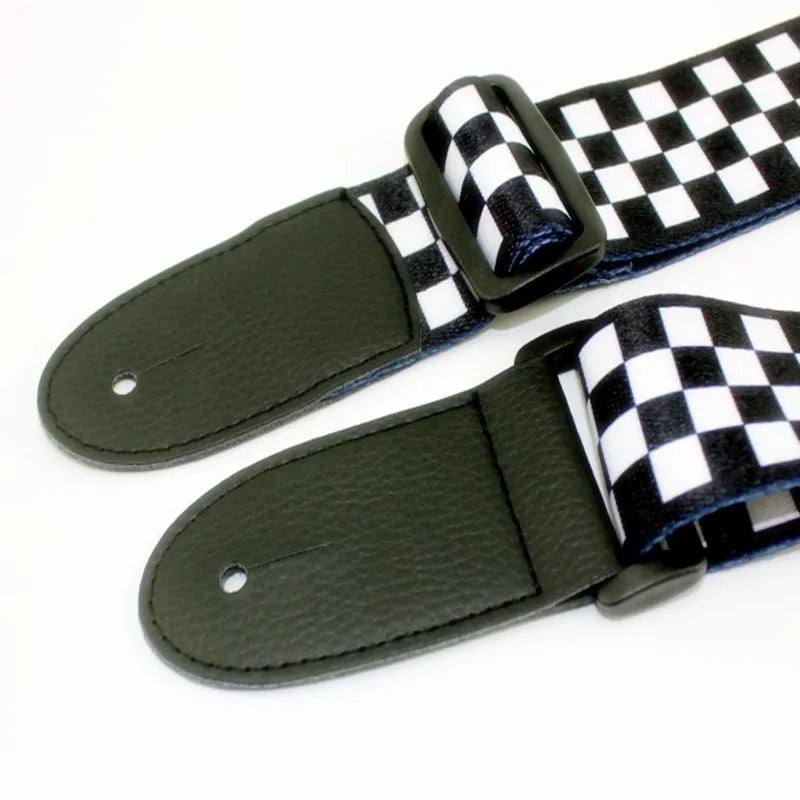 Black and White Plaid Guitar Strap, 137 cm, PU Leather Ends