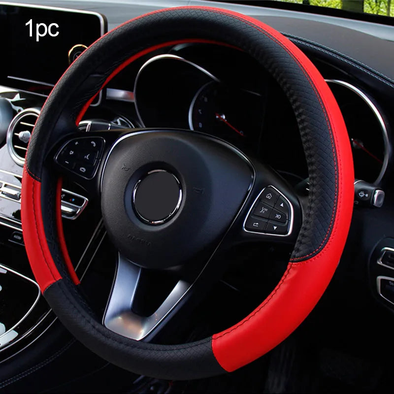 SEAMETAL 38cm Steering Wheel Cover PU Leather Anti Slip Steer Wheel Protector Breathable Fiber Braid Universal Steering Cover
