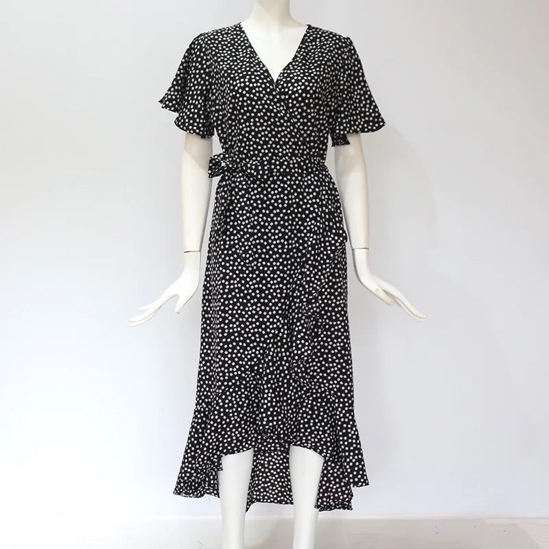 Summer Beach Maxi Dress Women Floral Print Boho Long Chiffon Dress Ruffles Wrap Casual V-Neck Split Sexy Party Dress Robe Femme 