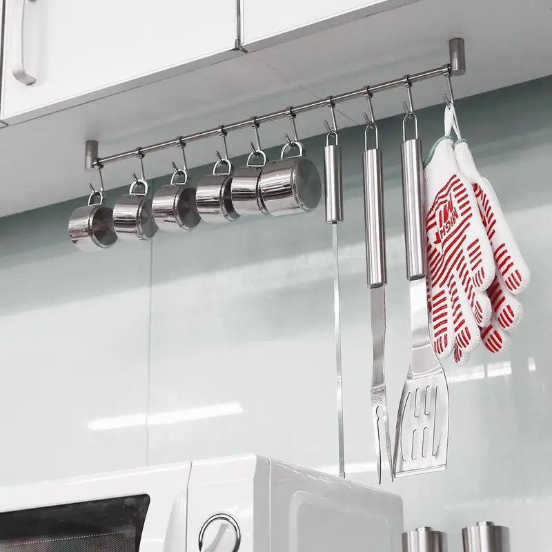 Wall-Mounted Stainless Steel Kitchen Rail Rack with 7 Hooks