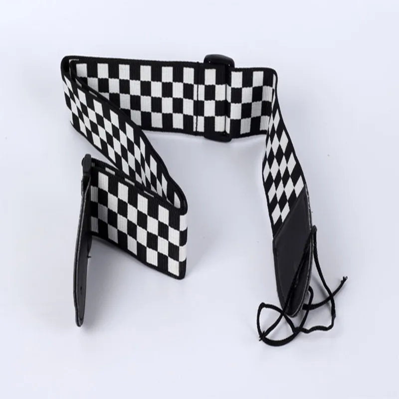 Black and White Plaid Guitar Strap, 137 cm, PU Leather Ends