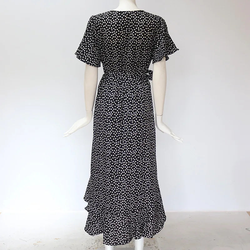 Summer Beach Maxi Dress Women Floral Print Boho Long Chiffon Dress Ruffles Wrap Casual V-Neck Split Sexy Party Dress Robe Femme 