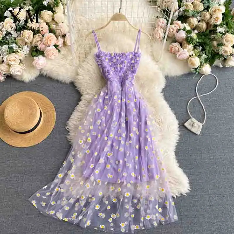 YuooMuoo Korean Fashion Daisy Flower Print Mesh Party Dress Summer Two Layers Spaghetti Strap Vacation Midi Dress Beach Vestidos 