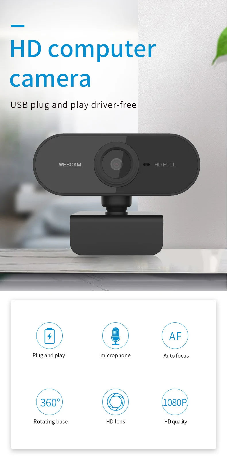 1080P HD Mini Webcam with Microphone USB Interface