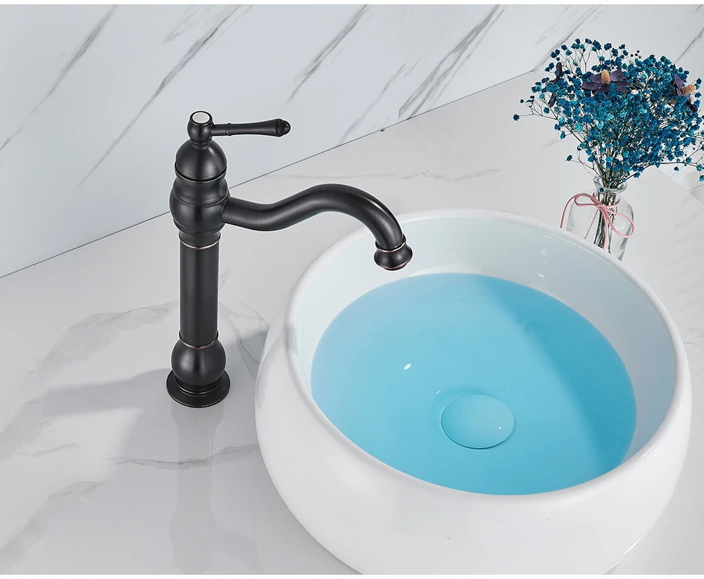 POIQIHY Antique Brass Basin Vessel Sink Faucet Deck Mounted One Hole Cold Hot Water Cold Hot Mixer Tap Bathroom Faucet  1 Hole 