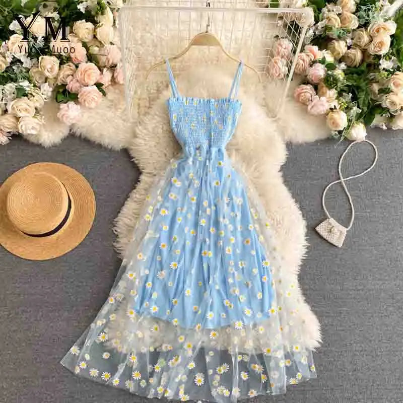YuooMuoo Korean Fashion Daisy Flower Print Mesh Party Dress Summer Two Layers Spaghetti Strap Vacation Midi Dress Beach Vestidos 