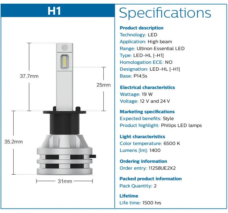 Philips Ultinon Essential G2 LED H1 H4 H7 H8 H11 H16 HB3 HB4 H1R2 9003 9005 9006 9012 6500K Auto Scheinwerfer Nebel-Lampe (2er Pack)