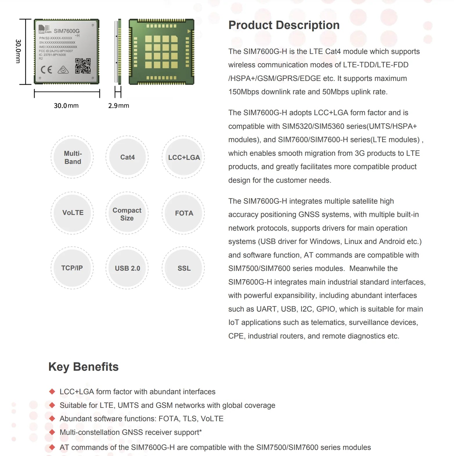 Modulo SIM7600G-H R2 Mini PCIe 4G LTE CAT4 Versione Globale