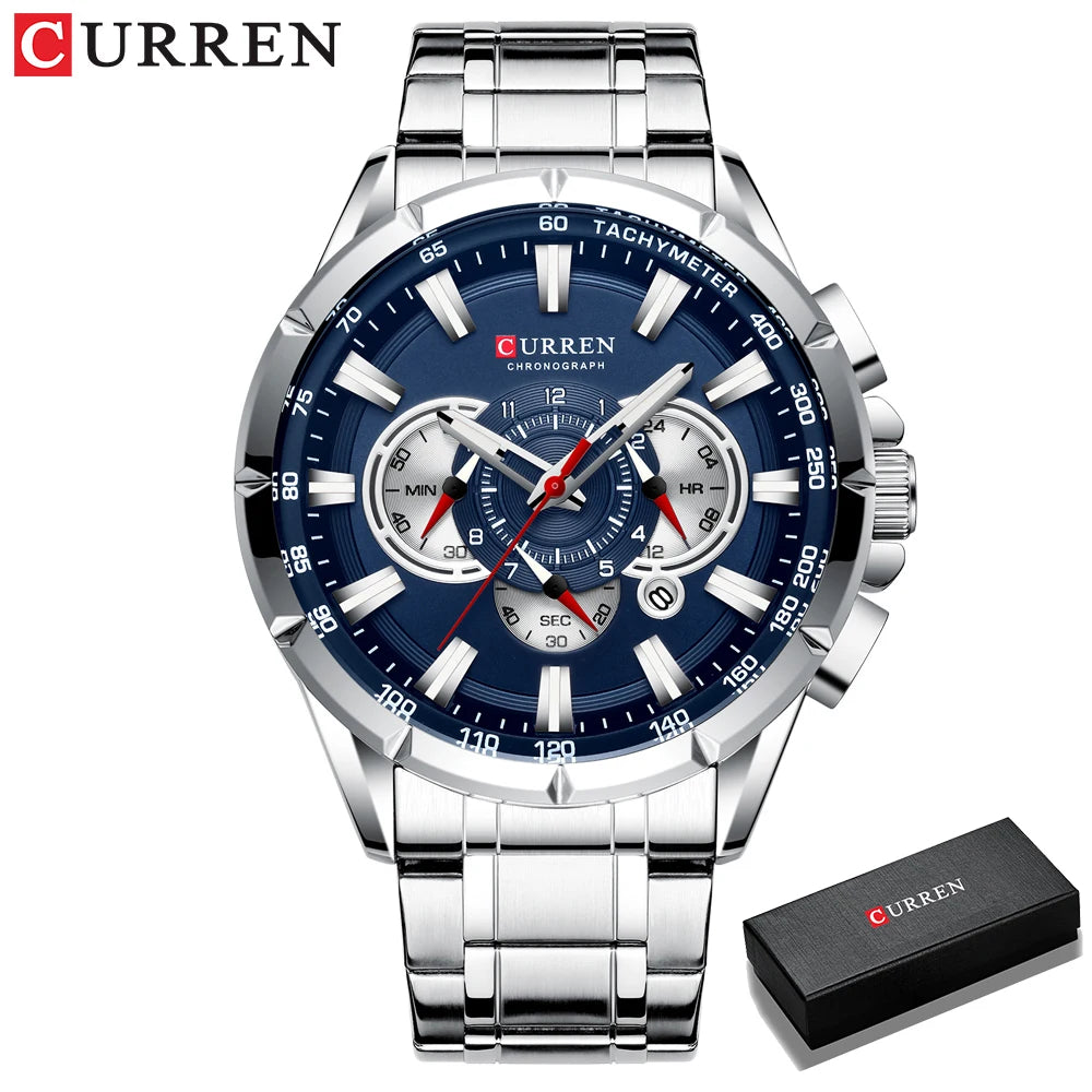 CURREN New Casual Sport Chronograph Men's Watches Stainless Steel Band Wristwatch Big Dial Quartz Clock with Luminous Pointers 